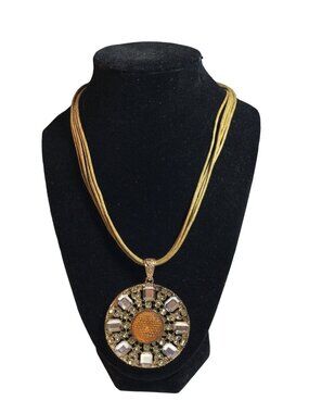 Gold-Toned Bejeweled Medallion Pendant Necklace Multi-Strand Cord